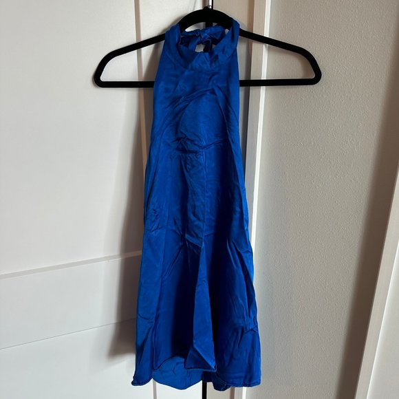ZARA High Neck Open Back Satin Mini Halter Dress Royal Blue Size Small - Picture 7 of 12